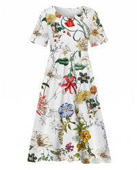 Lorena | Women's Printed Floral Midi Dress in White & Green