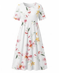 Lorena | Women's Printed Floral Midi Dress in White & Pink