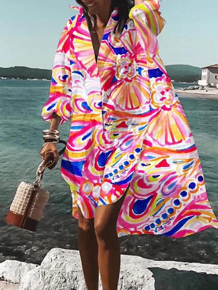 Loretta | Women's Printed V-Neck Long Sleeve Dress in Dark Pink