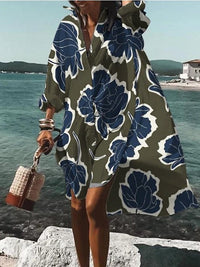 Loretta | Women's Printed V-Neck Long Sleeve Dress in Gray