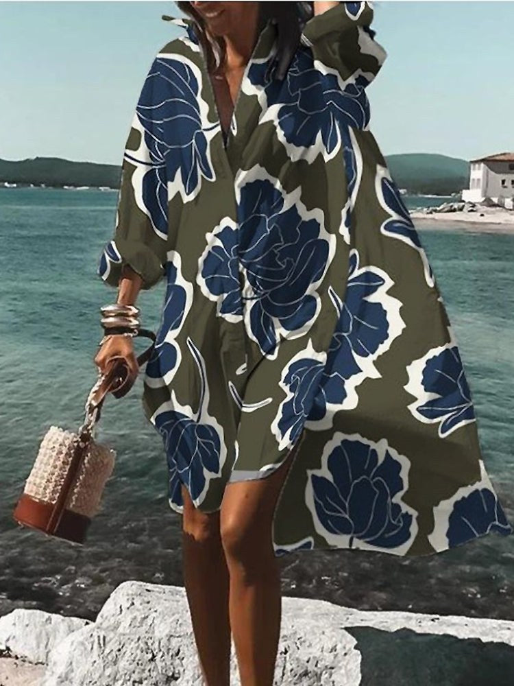 Loretta | Women's Printed V-Neck Long Sleeve Dress in Gray