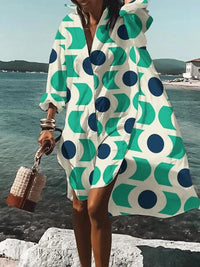 Loretta | Women's Printed V-Neck Long Sleeve Dress in Green & Blue