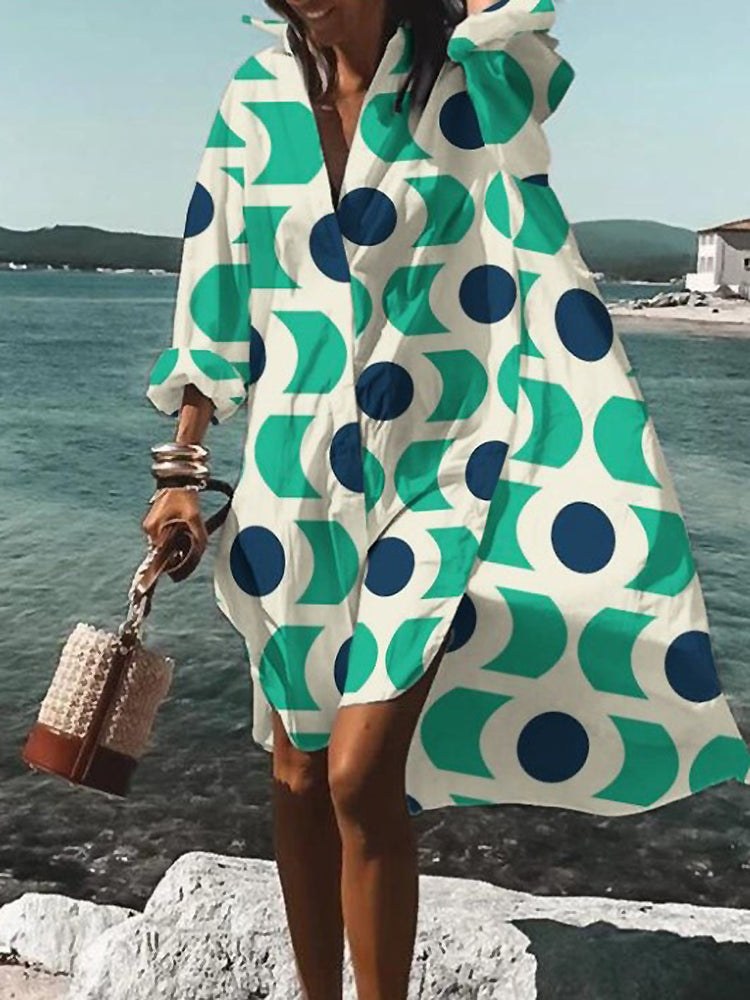 Loretta | Women's Printed V-Neck Long Sleeve Dress in Green & Blue