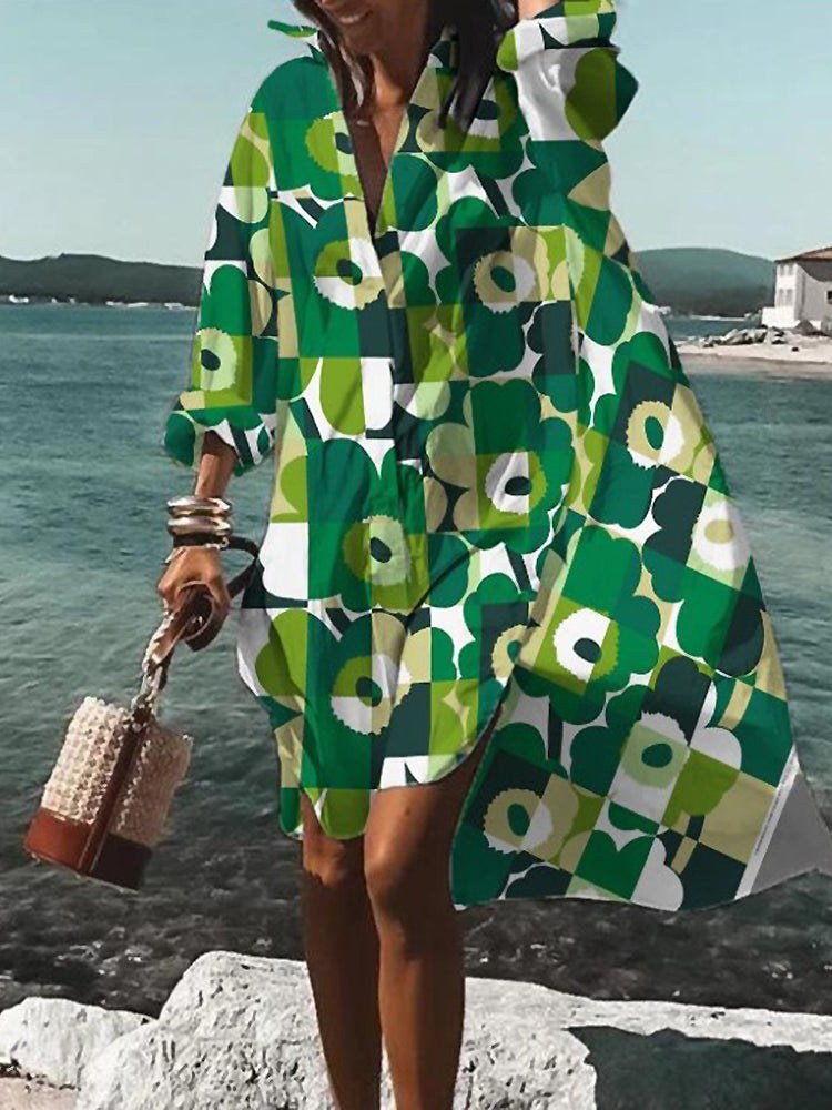Loretta | Women's Printed V-Neck Long Sleeve Dress in Green