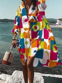 Loretta | Women's Printed V-Neck Long Sleeve Dress in Orange