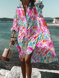 Loretta | Women's Printed V-Neck Long Sleeve Dress in Pink