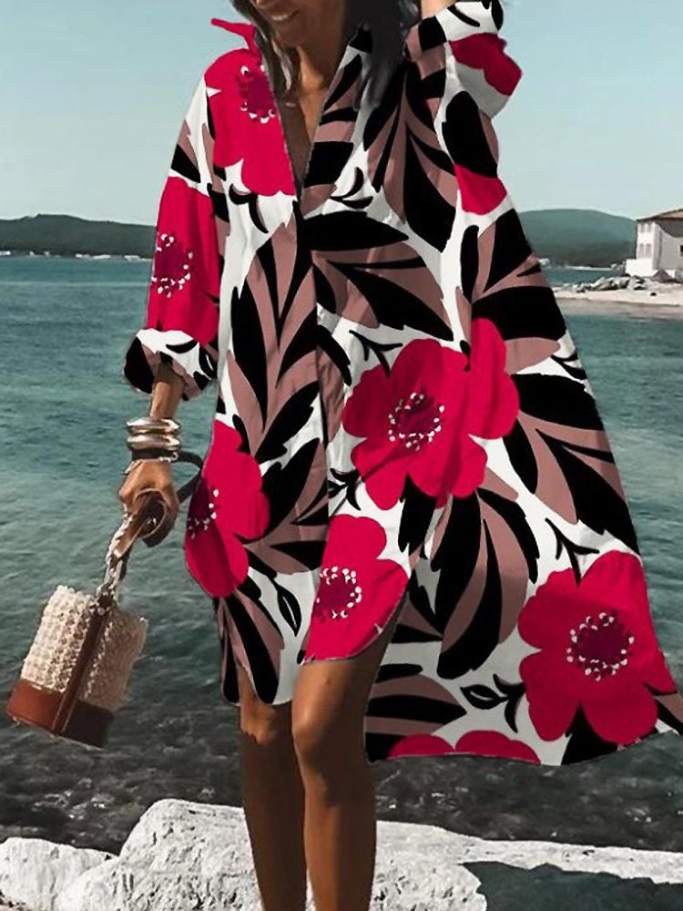Loretta | Women's Printed V-Neck Long Sleeve Dress in Red