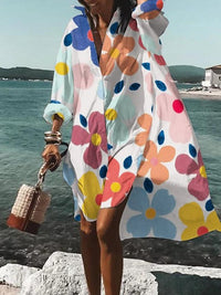 Loretta | Women's Printed V-Neck Long Sleeve Dress in White