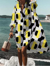 Loretta | Women's Printed V-Neck Long Sleeve Dress in Yellow