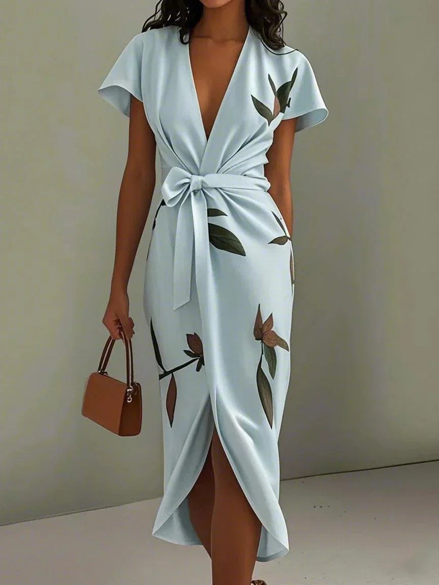 Lottie | Women's Printed Wrap Tie Waist Dress in Light Blue