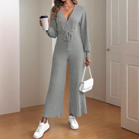Lucenzia | Women's Waist Belt Wide Leg Belted Knit Jumpsuit in Gray