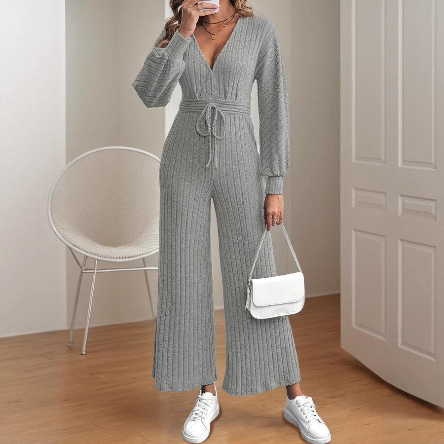 Lucenzia | Women's Waist Belt Wide Leg Belted Knit Jumpsuit in Gray