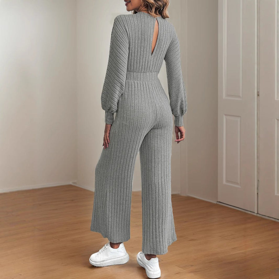 Lucenzia | Women's Waist Belt Wide Leg Belted Knit Jumpsuit in Gray