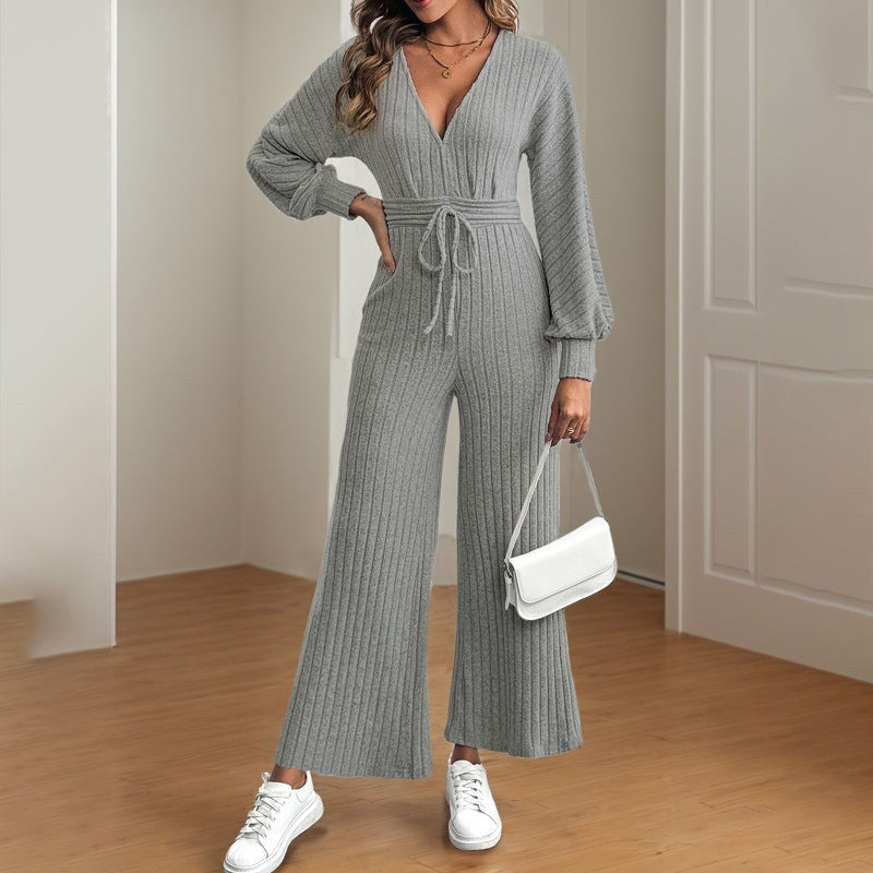 Lucenzia | Women's Waist Belt Wide Leg Belted Knit Jumpsuit in Gray