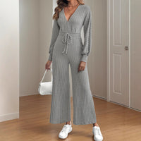 Lucenzia | Women's Waist Belt Wide Leg Belted Knit Jumpsuit in Gray