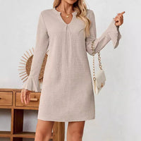 Lucetta | Women's Ruffle Detail V-Neck Modern Dress – Casual Dress in Apricot