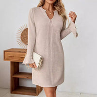 Lucetta | Women's Ruffle Detail V-Neck Modern Dress – Casual Dress in Apricot