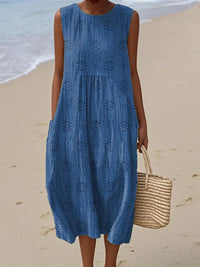 Lucille | Women's Sleeveless Midi Round Neck Dress in Blue