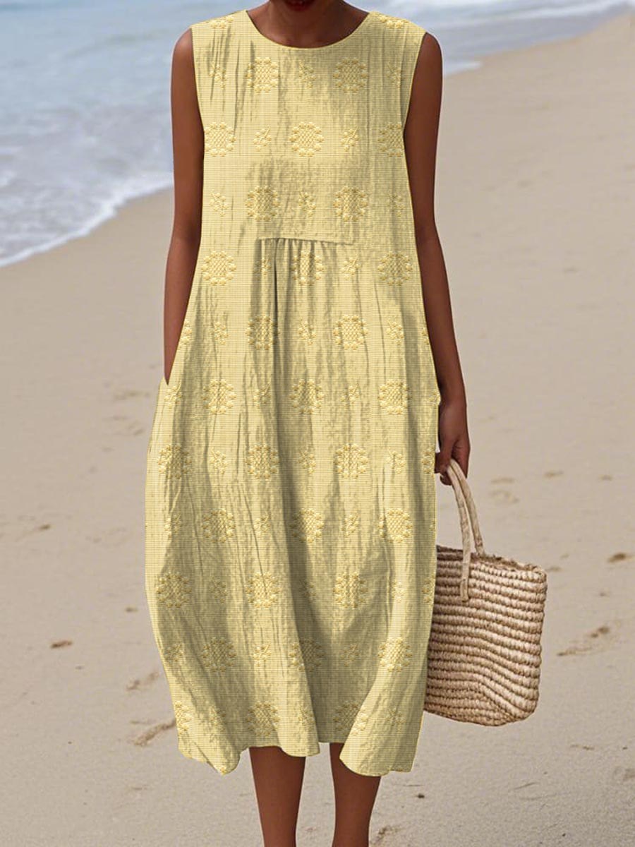 Lucille | Women's Sleeveless Midi Round Neck Dress in Light Yellow