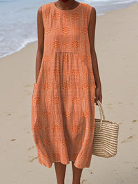 Lucille | Women's Sleeveless Midi Round Neck Dress in Orange