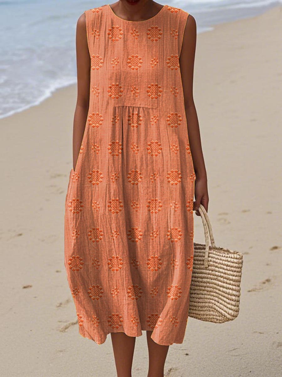 Lucille | Women's Sleeveless Midi Round Neck Dress in Orange