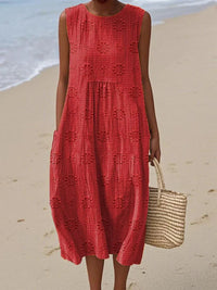 Lucille | Women's Sleeveless Midi Round Neck Dress in Red