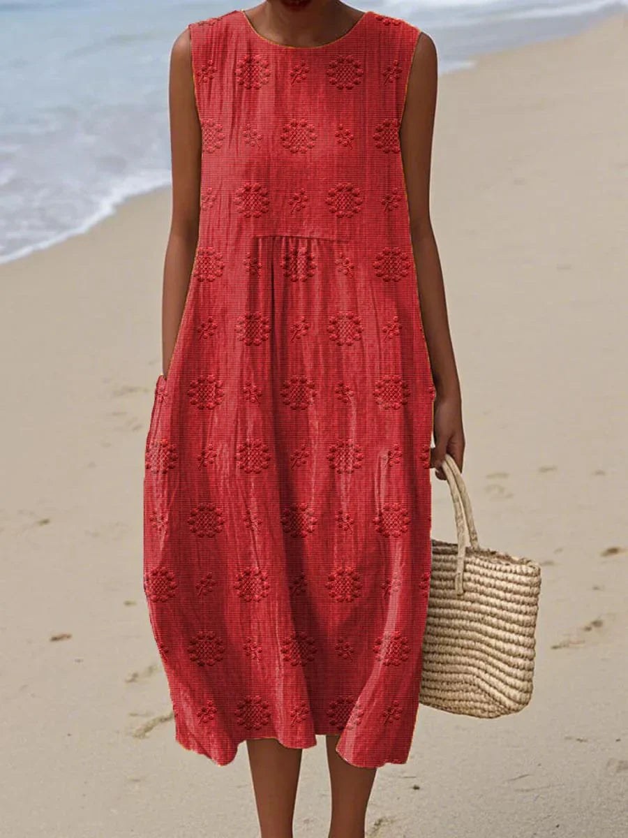 Lucille | Women's Sleeveless Midi Round Neck Dress in Red