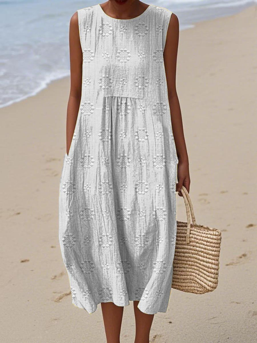 Lucille | Women's Sleeveless Midi Round Neck Dress in White