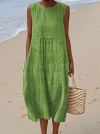 Lucille | Women's Sleeveless Midi Round Neck Dress in Yellow Green