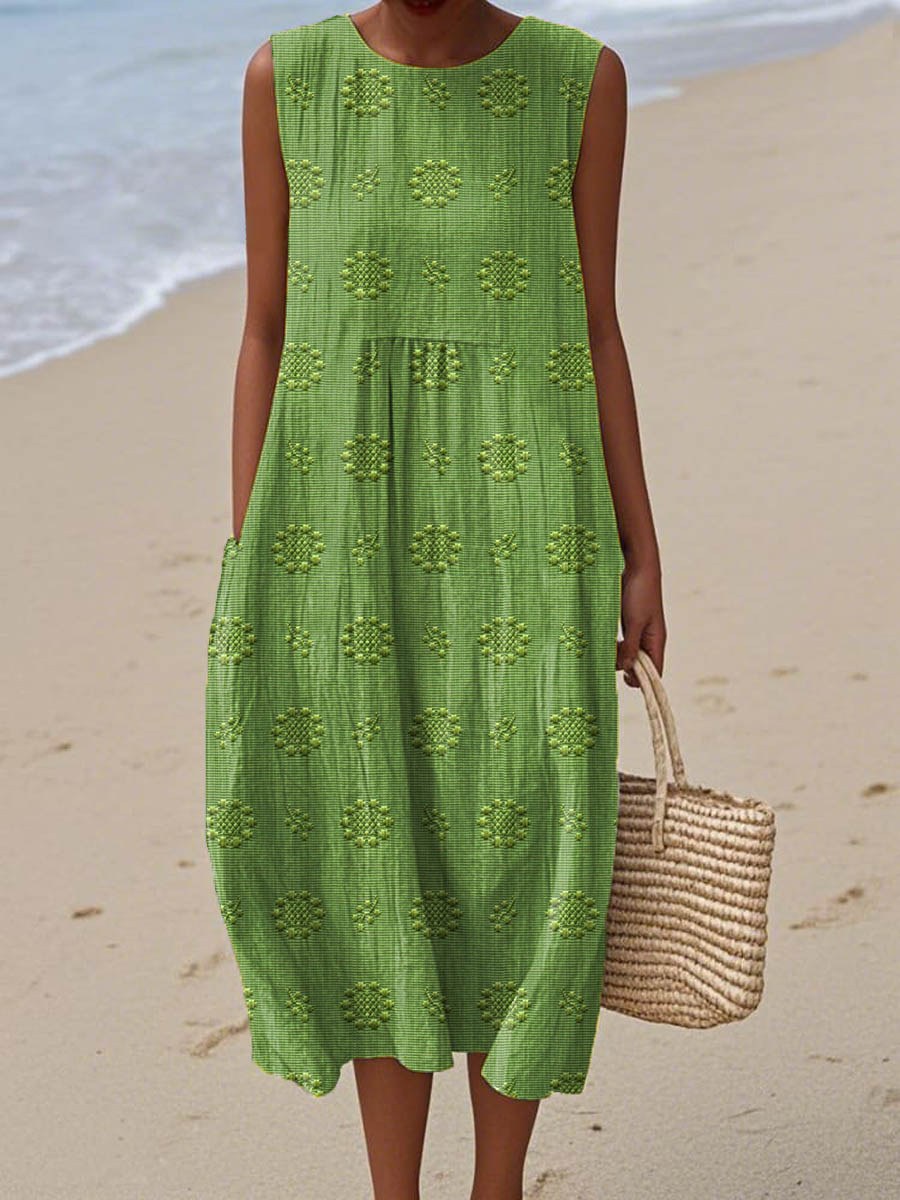 Lucille | Women's Sleeveless Midi Round Neck Dress in Yellow Green