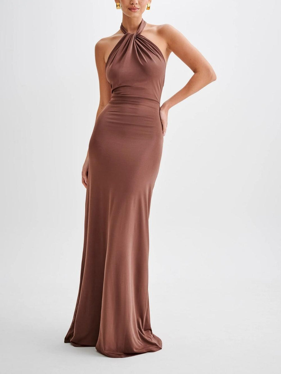 Ludmila | Women's Halter Open Back Maxi Sundress in Brown