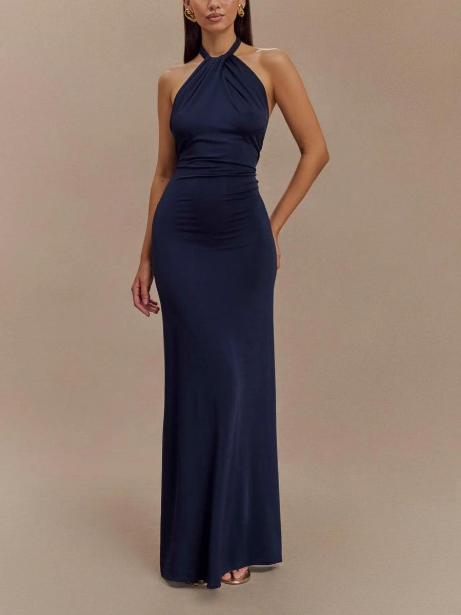 Ludmila | Women's Halter Open Back Maxi Sundress in Navy