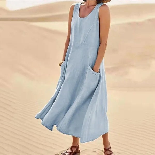 Luna | Women's Sleeveless Pocket Midi Dress in Light Blue