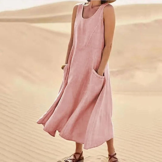 Luna | Women's Sleeveless Pocket Midi Dress in Pink