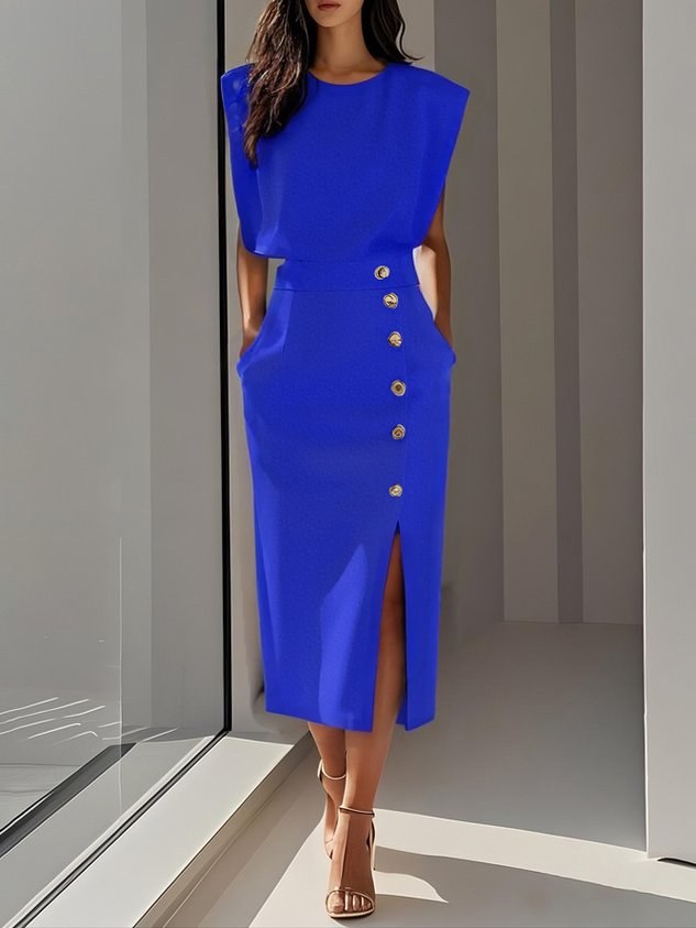 Lysandra | Women's Sleeveless Side Button Midi Dress in Blue