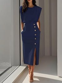 Lysandra | Women's Sleeveless Side Button Midi Dress in Dark Blue