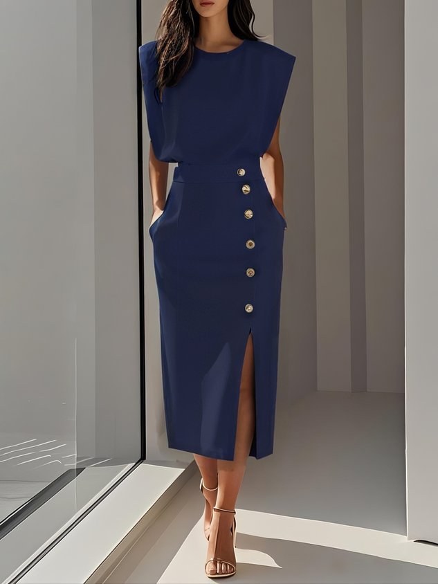 Lysandra | Women's Sleeveless Side Button Midi Dress in Dark Blue