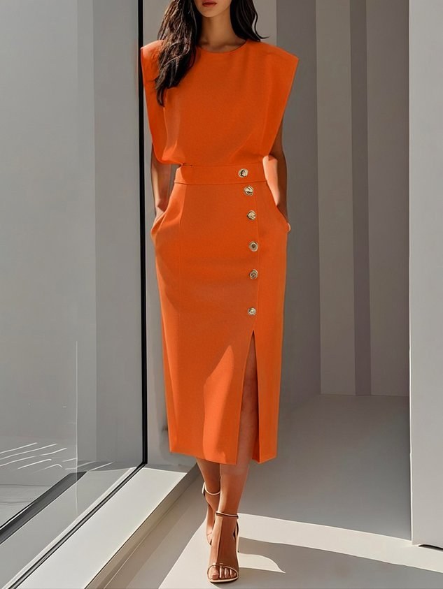 Lysandra | Women's Sleeveless Side Button Midi Dress in Orange