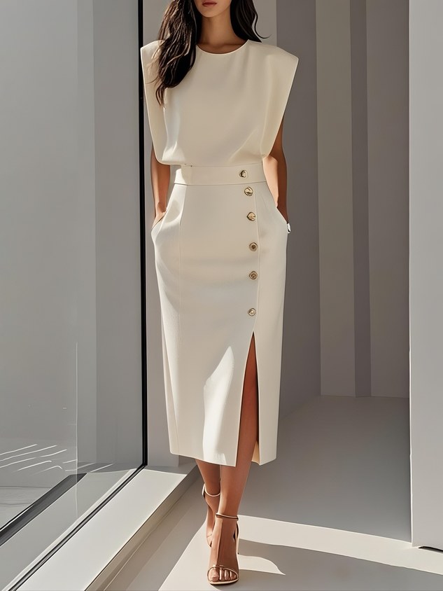 Lysandra | Women's Sleeveless Side Button Midi Dress in White