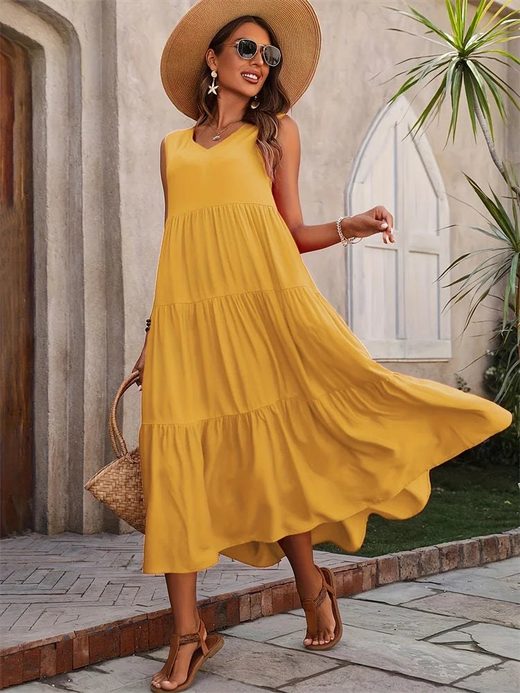 Madeleine | Women's Sleeveless V-Neck Maxi Dress in Yellow