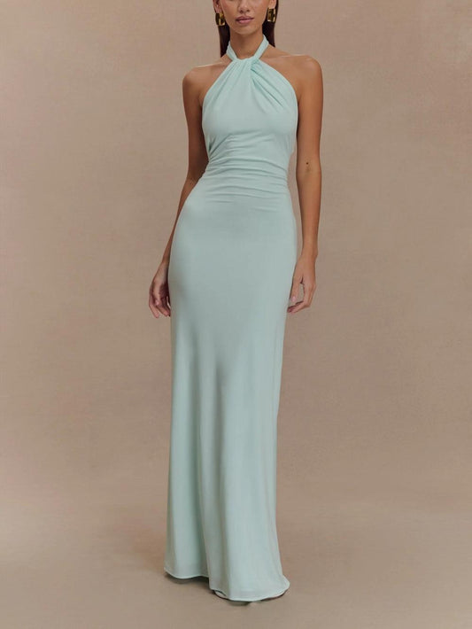 Madelief | Women's Slinky Halter Maxi Dress in Light Blue