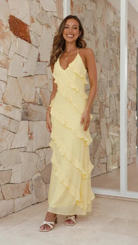 Magali | Women's Halter Tiered Ruffled Maxi Sundress in Yellow
