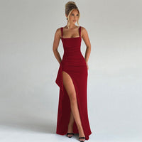 Magdalena | Women's Square Neck Front Slit Maxi Dress in Red