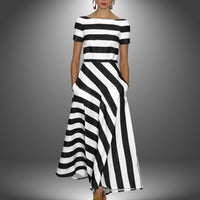 Magnolia | Women's Striped Asymmetrical Short Sleeve Midi Dress in Black