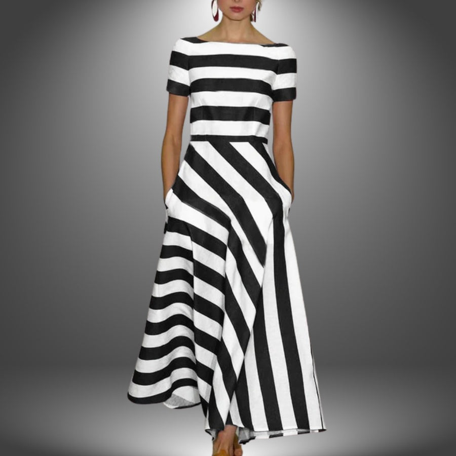 Magnolia | Women's Striped Asymmetrical Short Sleeve Midi Dress in Black