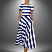 Magnolia | Women's Striped Asymmetrical Short Sleeve Midi Dress in Dark Blue
