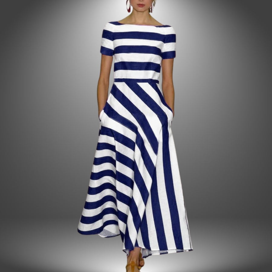 Magnolia | Women's Striped Asymmetrical Short Sleeve Midi Dress in Dark Blue