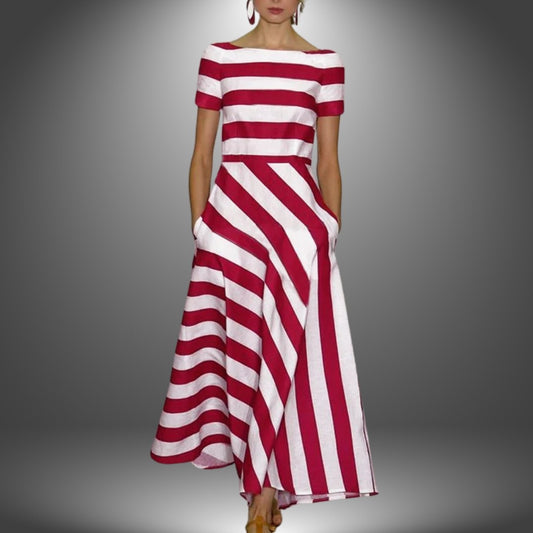 Magnolia | Women's Striped Asymmetrical Short Sleeve Midi Dress in Red