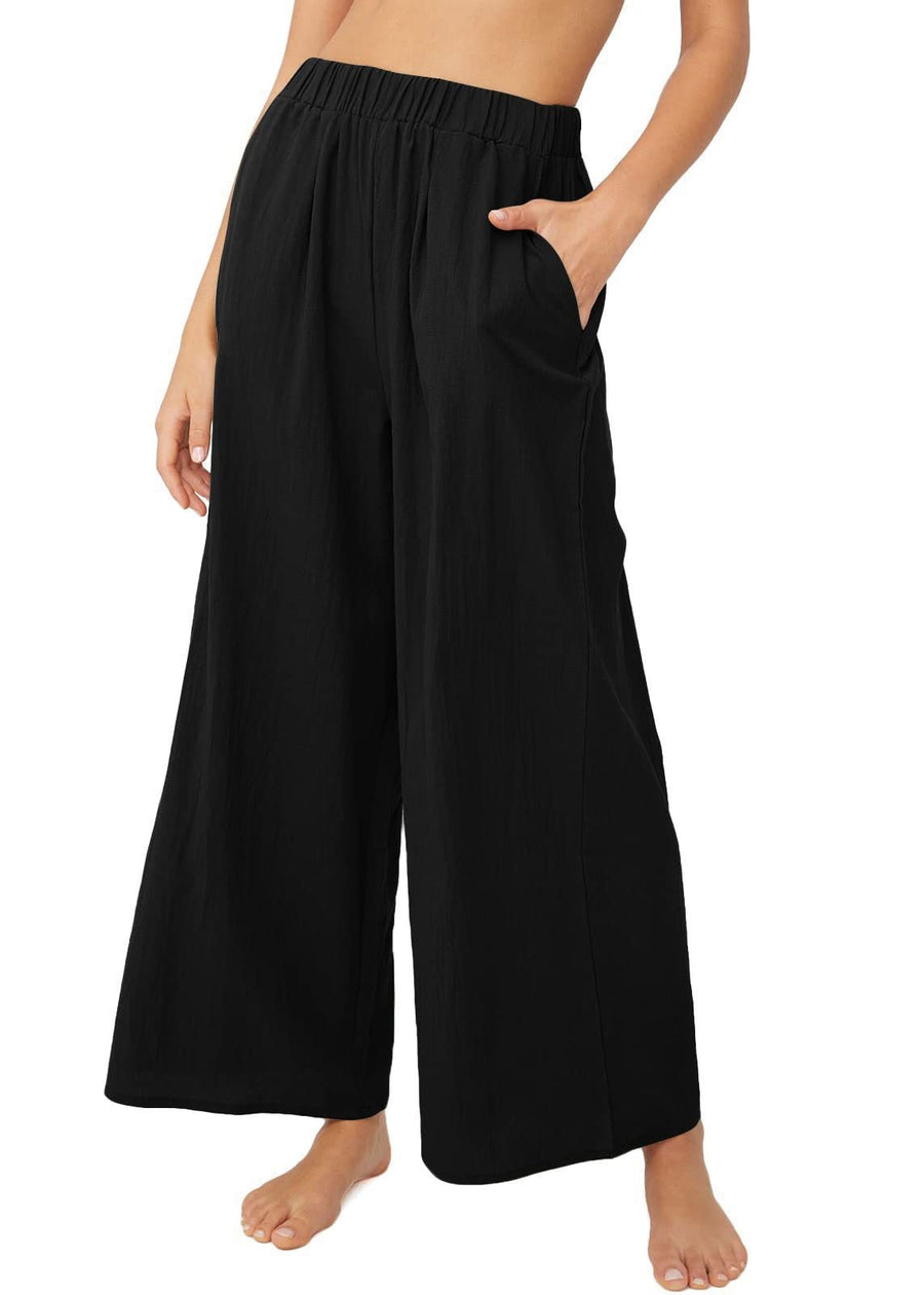Maialena | Women's Elastic Waist Pockets Lightweight Pants – Dress Pants in Black