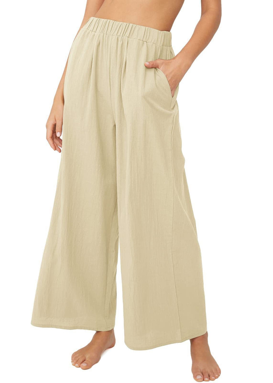 Maialena | Women's Elastic Waist Pockets Lightweight Pants – Dress Pants in Khaki